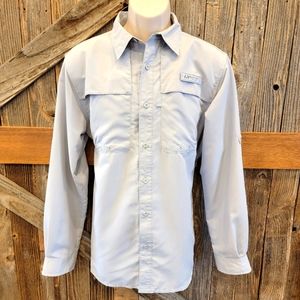 Realtree Mens Medium M long sleeve grey Button Down fishing vented roll tab EUC